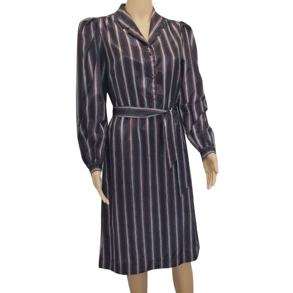 1980s Striped Metallic Long Sleeve Midi Dress Button Up Belted Vintage Size 7/8 - Picture 1 of 8